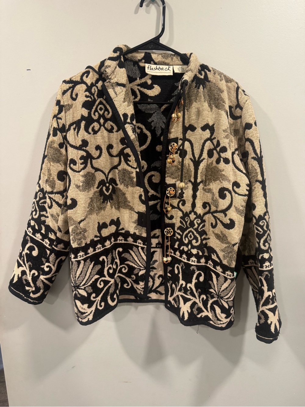 Vintage Flashback Tapestry Jacket P/M Black Beige Floral Boho Frog Closure Lux
